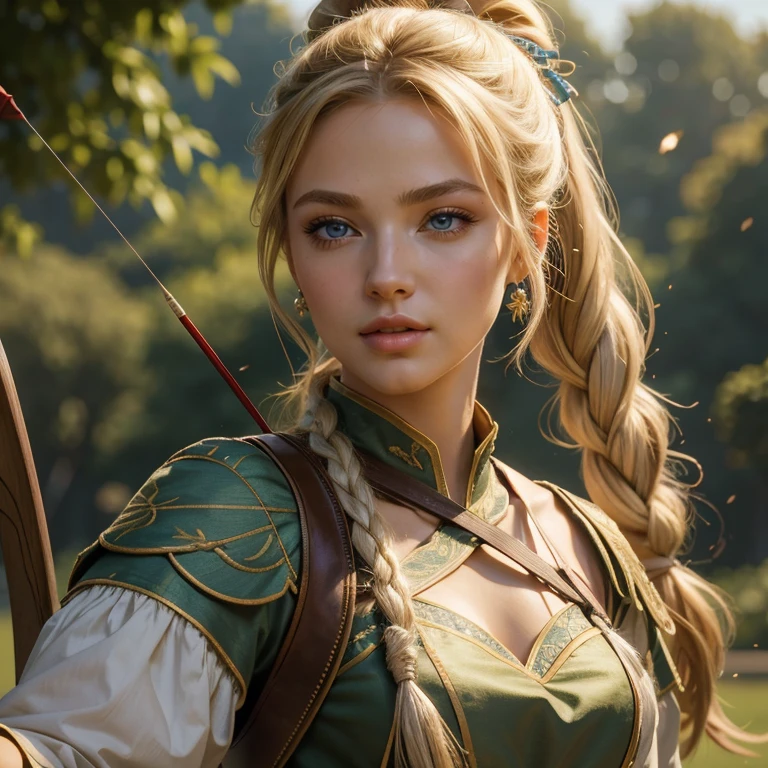 (masterpiece, best quality:1.5), highest quality, High resolution, super detailed, Realists, Upper body photo of a blonde archer, detailed and beautiful eyes, beautiful detailed lips, very detailed eyes and face, longeyelashes, Archer in battle dress, Elegant details in the fabric. Beautiful and colorful makeup, ponytail hairstyle, Gardens as background, bright daylight, bright colors, fine brushstrokes, Portrait style, beautiful color palette, glowing skin, First-class rendering, that captures every detail, enchanting atmosphere, (perfect anatomy:1.2), (The stunning archer holds a bow. (magnificent panorama view:1.2)