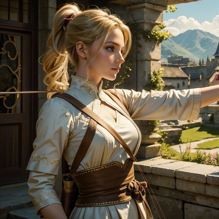 (​masterpiece, best quality:1.5), highest quality, High resolution, super detailed, Realists, Upper body photo of a blonde archer, detailed and beautiful eyes, beautiful detailed lips, very detailed eyes and face, longeyelashes, Archer in shiny yellow satin dress, Simple details in the fabric. Beautiful and colorful makeup, open hair, Gardens as background, bright daylight, bright colors, fine brushstrokes, Portrait style, beautiful color palette, glowing skin, First-class rendering, that captures every detail, enchanting atmosphere, (perfect anatomy:1.2), (The stunning archer holds a bow.  (magnificent panorama view:1.2)