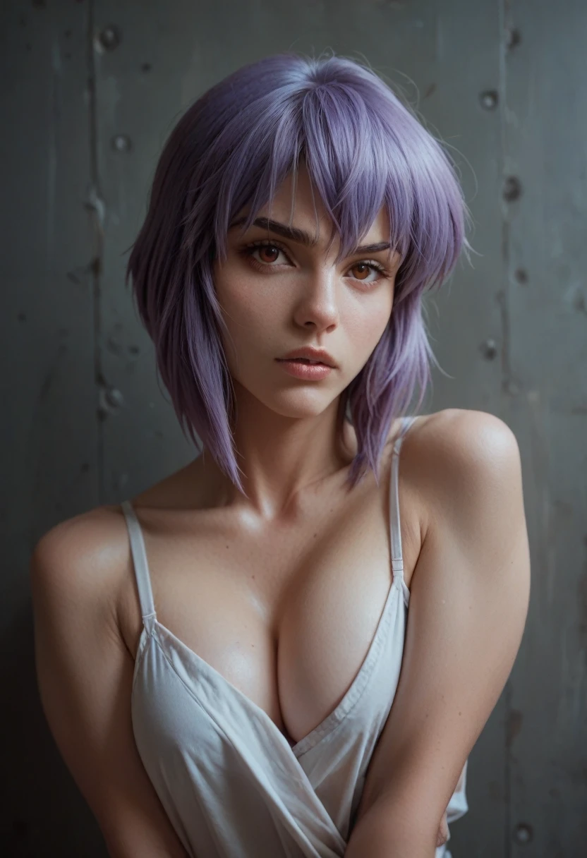 Ghost in the Shell's Motoko urinates in large quantities on the roof of a skyscraper while looking down at the skyscrapers at night、garter belt