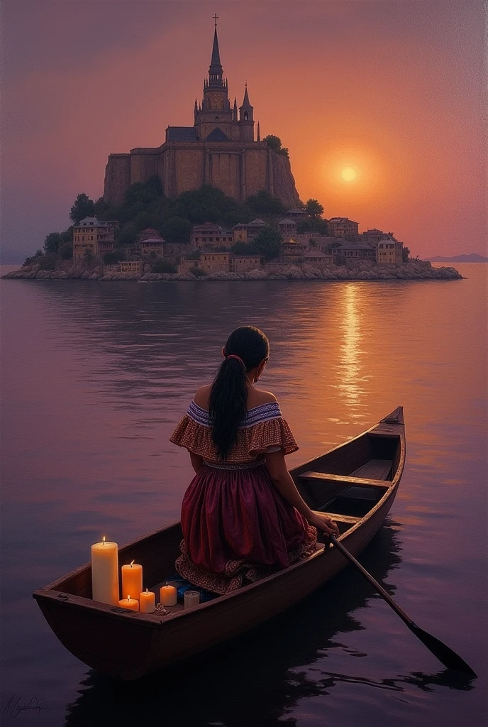 An oil painting of a Purepecha woman with her back turned and kneeling on a boat, and in the background the island of Janitzio de Pátzcuaro, with elements of the day of the dead such as candles or cempasuchil, and with a sky of dark shades of purple and orange as if it were sunset