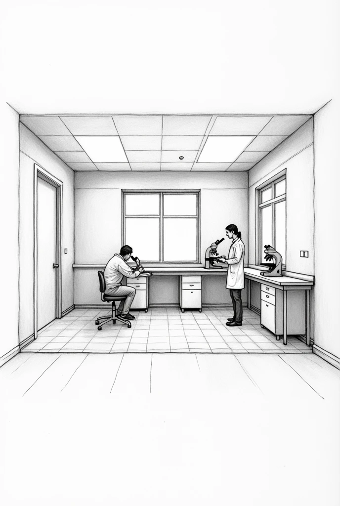 Pencil drawing of a plan of a level 2 veterinary laboratory, 
waiting room room equipped with microscopes,  a person working with a microscope


