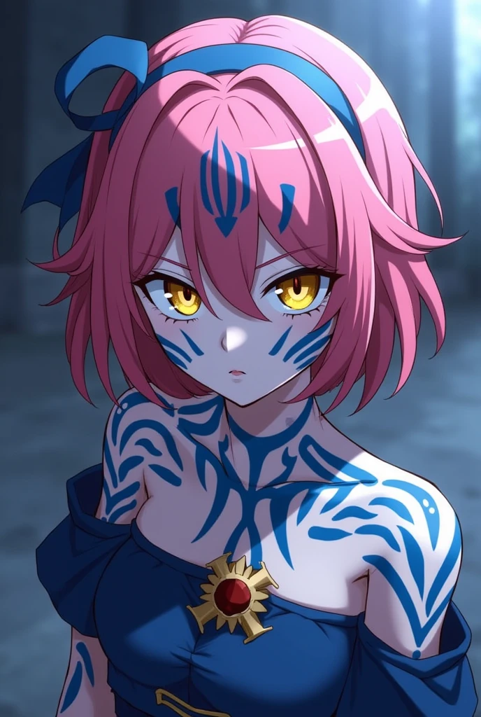 Akaza girly girl, also known as Hakuji, is one of the Twelve Kizuki in "Kimetsu no Yaiba". She has a distinctive appearance with pale skin and blue markings all over her body that resemble tribal tattoos.. Their eyes are marked by a bright yellow iris with a straight, vertical pupil.. Akaza's hair is short and pink., with a blue band around his head. He exudes a menacing aura, but at the same time it has a powerful and imposing presence.