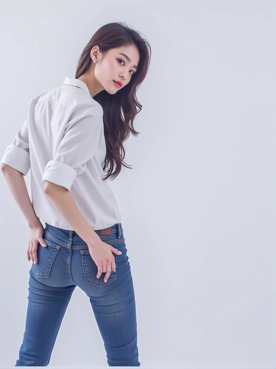 ((Highest quality, 8k, masterpiece :1.3)), Sharp focus :1.2, Beautiful woman with perfect figure :1.4, 1 girl,Slim Abs :1.2, ((Dark brown hair,chest :1.2)), (White Long Formal Shirt)(Unbutton your shirt.), Gray background:1.2, Highly detailed face and skin texture, fine grain, double eyelid,Beautiful Hands，Five Fingers,Fashion model posing,Full body portrait,Cowboy Shot,jeans,Cast a Shadow,