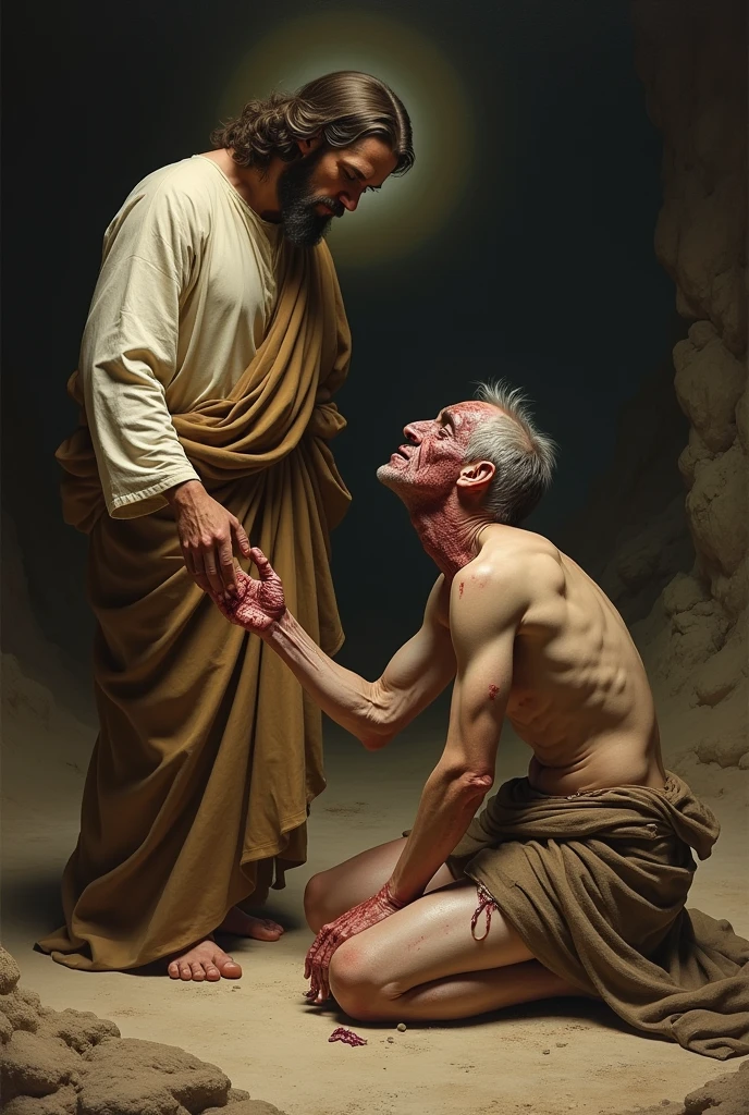 A Jewish man representing Jesus healing a Palestinian man full of leprosy and sores, body full of blisters.