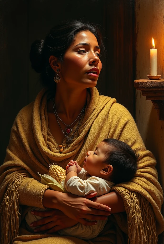 masterpiece, realist, Eugene Delacroix, Baroque, high contrast, Mexican Rarámuri indigenous woman, with woven shawl, grateful to heaven,Mexican,breastfeeding her , and held a corn cob, illuminated by a candle, shocking look, warm tones, dark background, Rembrandt, Delacroix,