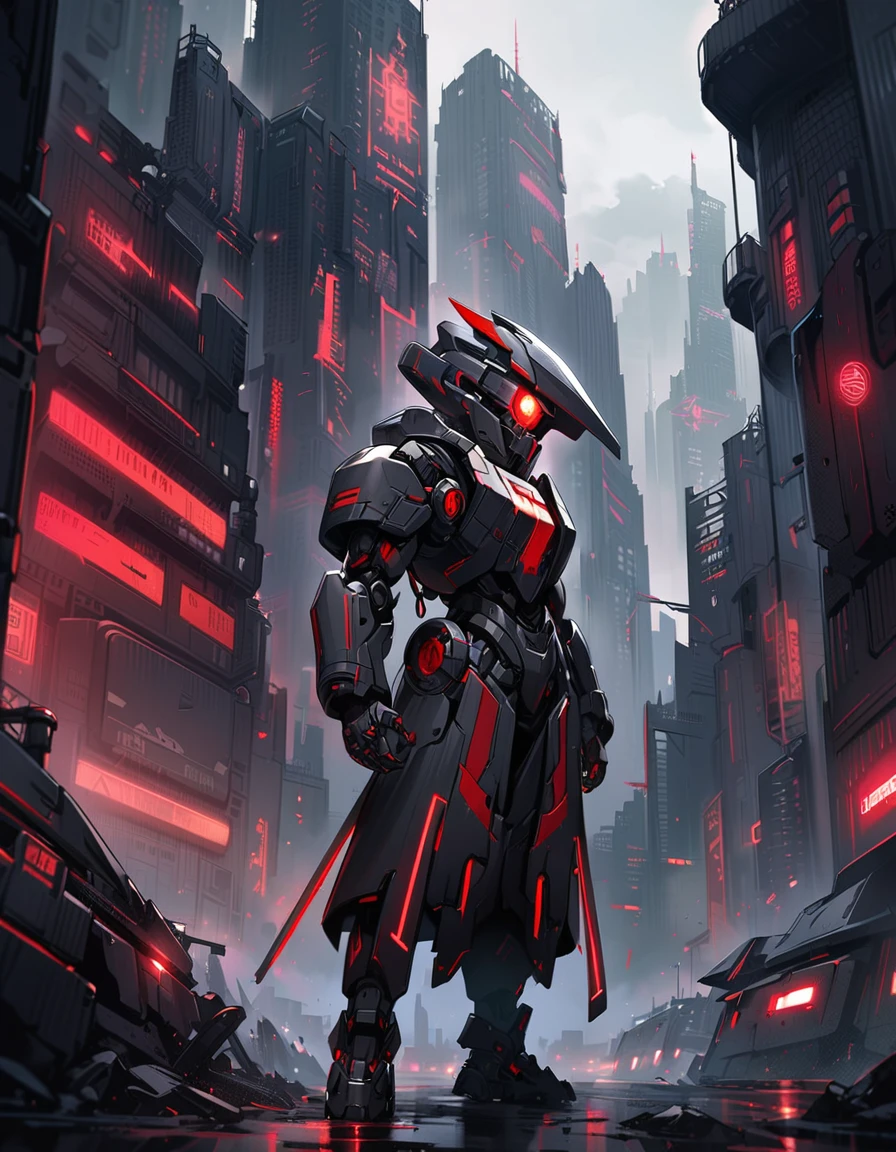 (dark cyberpunk art), dystopic art, ((side view)), mechanized girl, dark metallic skin, ((dark gray skin)), glossy metallic skin, red eyes, glowing eyes, black metal sharp helmet, black metal gauntlets, dark sky, gloomy sky, gray high-rise buildings, dark windows, (highly detailed background cityscape), highly detailed art, dark fantasy art