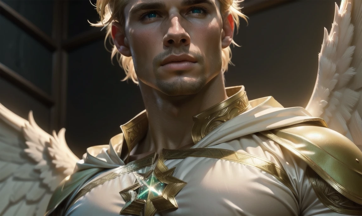 [((highly detailed, detailed eyes, detailed face, clear and realistic facial features, photorealistic, realistic light, cinematic, chest-up shot)), (1 man), (((((Gorgeous perfect sexy powerful masculine male angel))))), (((one pair of large wings))), ((faint halo)), ((short blond hair, green eyes)), ((35 years old)), ((wearing flattering angelic clothes)), (((aura of divine power))), standing in a cozy apartment at nighttime, ((light blush)), (((wearing an indignant expression)))]