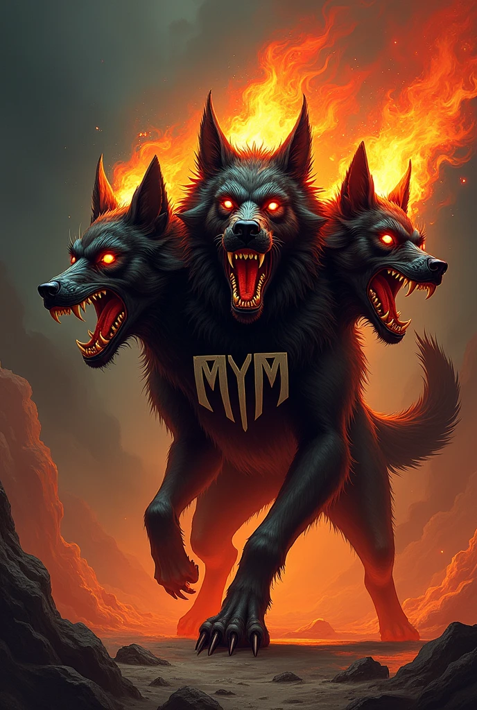 A Cerberus breathing fire from its mouth and printed on the front with MYM