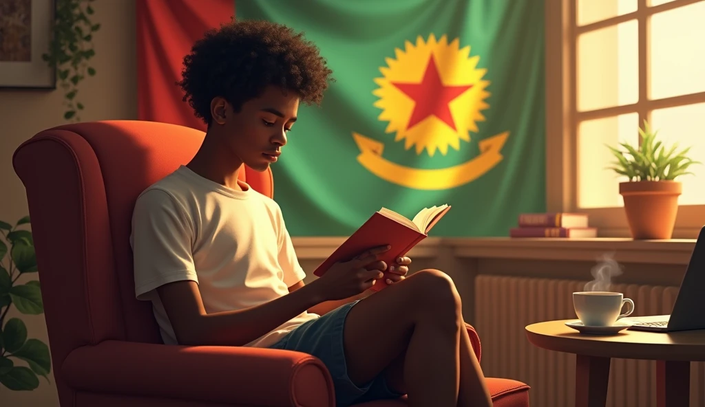 (photorealism:1.2), a young man with short, dark curly hair, dark eyes, and light complexion, handsome somali boy, sitting on chair, reading book, laptop and cup of coffee on table infront of him, wearing short clothes, indoors, soft lighting, somalila flag in the background, window with sunlight, cozy room, relaxed pose, realistic, intricate details, warm colors, by Greg Rutkowski, by Alphonse Mucha