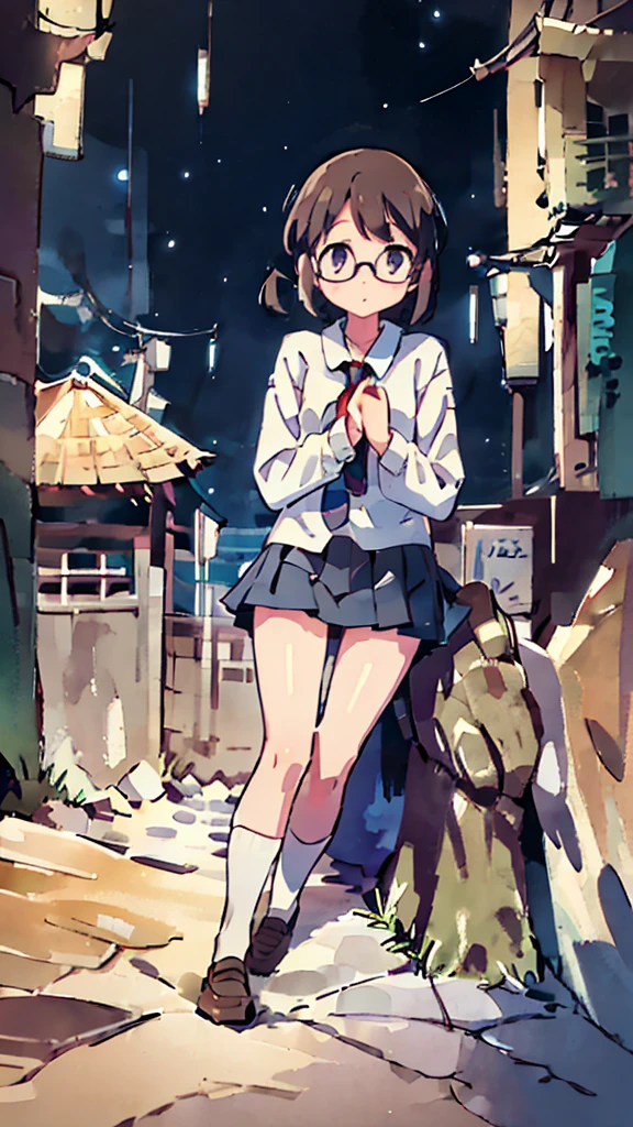 Dazzling Light、Many towers in the distance、Big Moon、metropolis、Tall buildings、Looking up at the stars、water、Midnight、Moon、Blue light、sky、sea、Nsfw、masterpiece, high quality, 4K, HDR,, Stable Diffusion prompt:  schoolgirl with short、brown hair and red-framed glasses, wearing a white blouse and navy skirt, white panties visible, navy socks and brown loafers, in a state of arousal and trembling with sexual climax,simple illustration style, In a nichijou (everyday life) Setting Image generation AI model used: Stable Diffusion (eleet- model)

id: i2