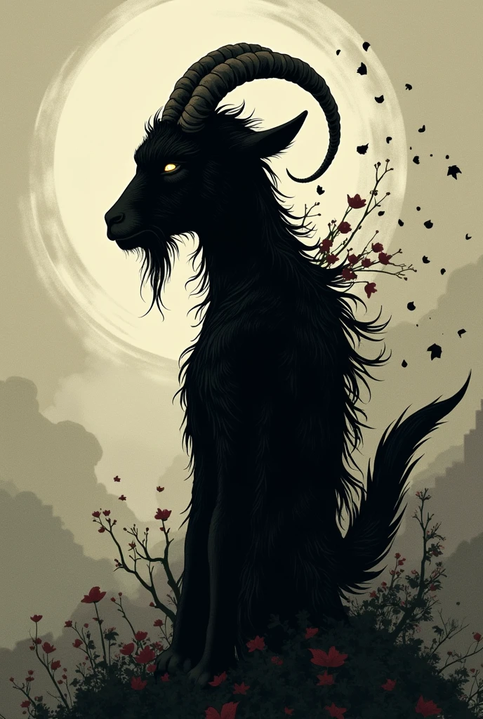 A cartoon melancholic themed manga cover with tragedy, and has a protagonist being anthropomorphic half-human goat with sacrificial powers