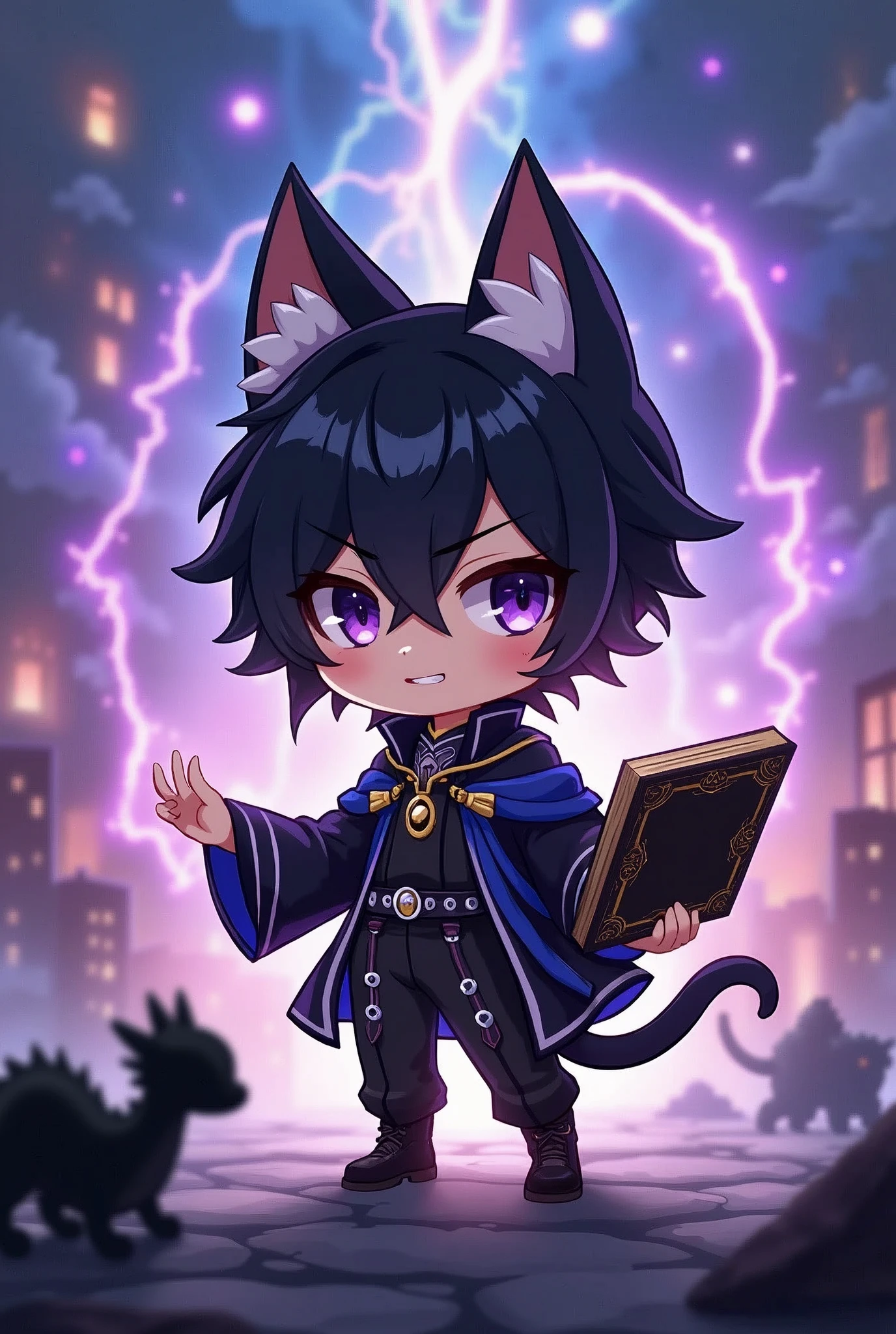 Anime figure of a boy with cat ears, Anime moe art style, demon slayer rui fanart, chibi!!! Kitten, Chibi Anime Boy, black-haired wizard with white streaks and black open magic book with decorations in one hand, Anime-Chibi, anime Kitten, Mihoyo art style, advanced digital chibi art, chibi art, black and white clothes, Several magical circles in different colors fly around the boy, background destroyed city, more purple lightning and blue fire, small dragon in the foreground