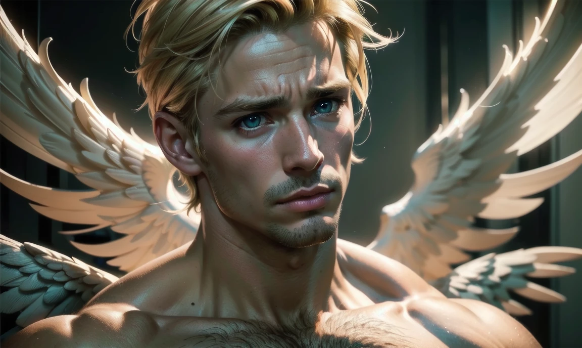 [((highly detailed, detailed eyes, detailed face, clear and realistic facial features, photorealistic, realistic light, cinematic, chest-up shot)), (1 man), (((((Gorgeous perfect sexy powerful masculine male angel))))), (((one pair of large wings))), ((faint halo)), ((short blond hair, green eyes)), ((35 years old)), ((wearing flattering angelic clothes)), (((aura of divine power))), standing in a cozy apartment at nighttime, ((light blush)), (((wearing an indignant expression)))]