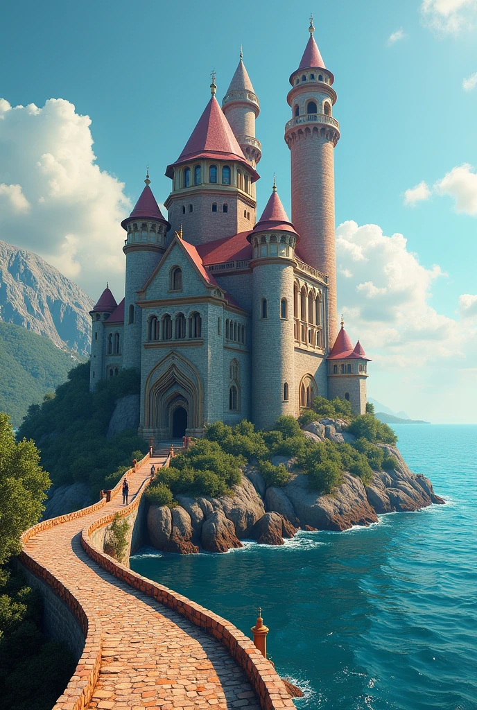 Big and gigantic castles , the biggest castle in the land. Bright colors, summer cube, Turkish heritage, on top of a small hill, the castle being so gigantic take the whole place of the hill making it a magnificent view, next to the sea, ethereal view, yet very secure castle, Turkish vibes, Tall towering towers, medieval, taller hill, so no one can reach them, a brick bridge