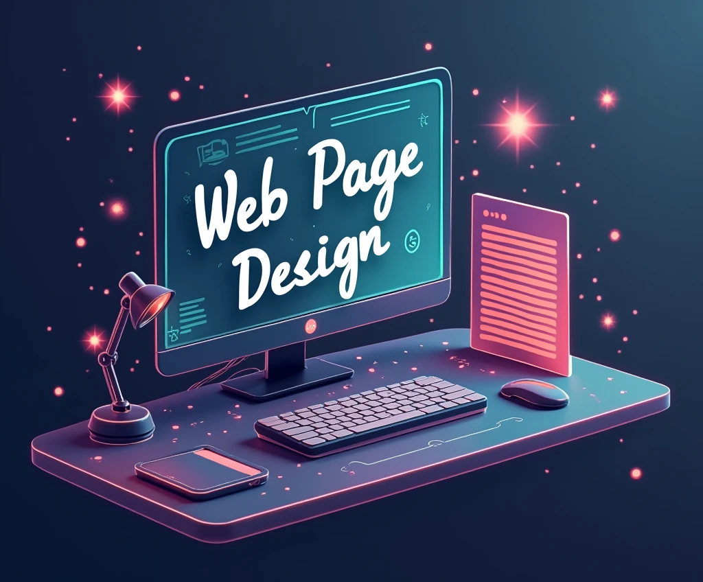 crea una sola imagen en horizontal sobre Web Page Design , with a centered text that says "Web Page Design" Dimensions: width 1500 height 850 pixels in jpg format