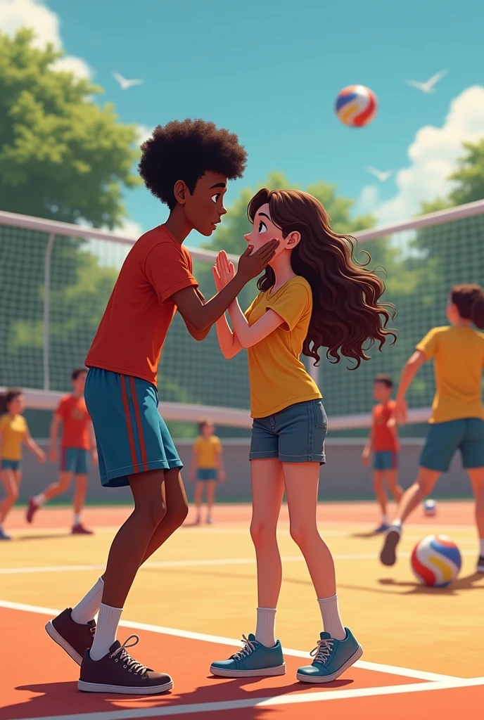 A dark-skinned boy with short curly black hair helping a white girl with long curly brown hair who got hit in the face by a ball and is not good at sports on a court, two teenagers and people around playing volleyball and laughing at 