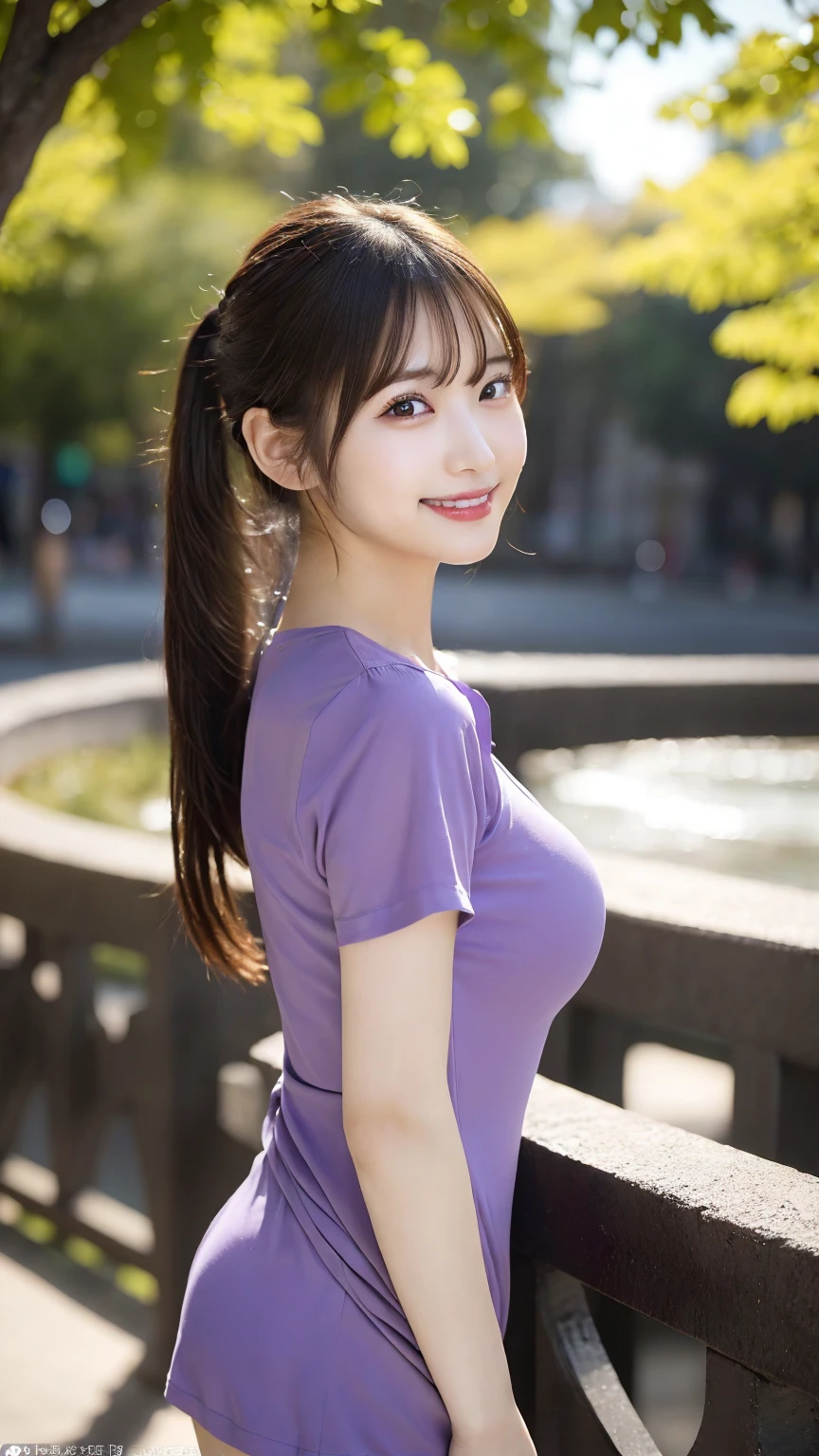 Ultra-realistic), (An illustration), (High resolution), (8k), (Very detailed), (最高のAn illustration),(Raw photo, Best Quality), (Realism, Photorealistic:1.4), Mastepiece, Very delicate and beautiful, Extremely detailed, 2k wallpaper, amazing, Fine details, Very detailedなCGユニティ8kの壁紙, Super detailed, High resolution, Beautiful detailed girl, Very detailedな目と顔, Beautiful detailed nose, Beautiful detailed eyes,Cinematic Lighting,Perfect Anatomy,Perfect promotion,(A shy smile, Beautiful Face), ((Perfect Legs, Perfect legs, Perfect hands, Perfect hands指, Perfect Arms, A shy smile, The mouth is perfect)), Looking straight at the camera, Bangs and ear bangs、necklace、 (((Cute Japanese girl wearing white shorts)))、 (((A beautiful 20 year old Japanese girl in a purple T-shirt))), (((H cup big breasts)))、(((Bursting Busty!!!!!!!!!))) (((Huge boobs!!!!)))、((Huge breasts))、(((Attractive big breasts!!!!!!))), ((((Full body writing)))),  ((((Ponytail Hair)))),  ((Solo Photo)),  ((Black Hair)), ((((Beautiful smile)))), (Slender body), ((Standing in a seductive pose in the park)),  ((Emphasis on cleavage))