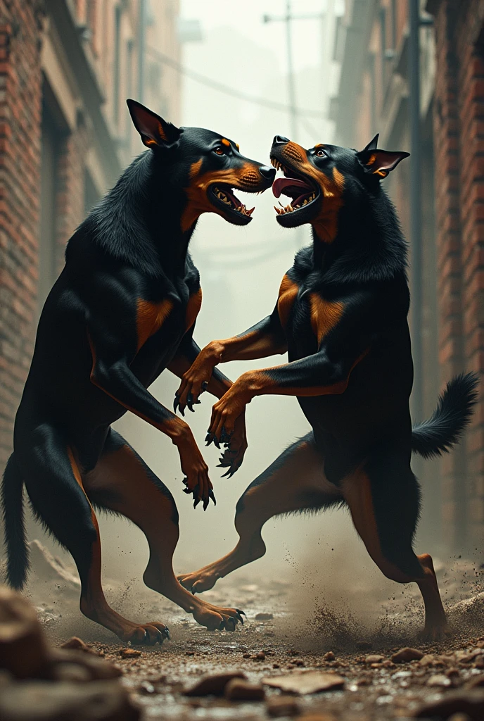 Two big dogs are biting each other in the city.