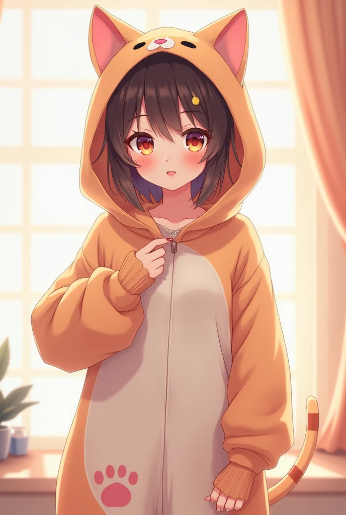 Une femme adulte type anime qui porte une grenouillere de chat