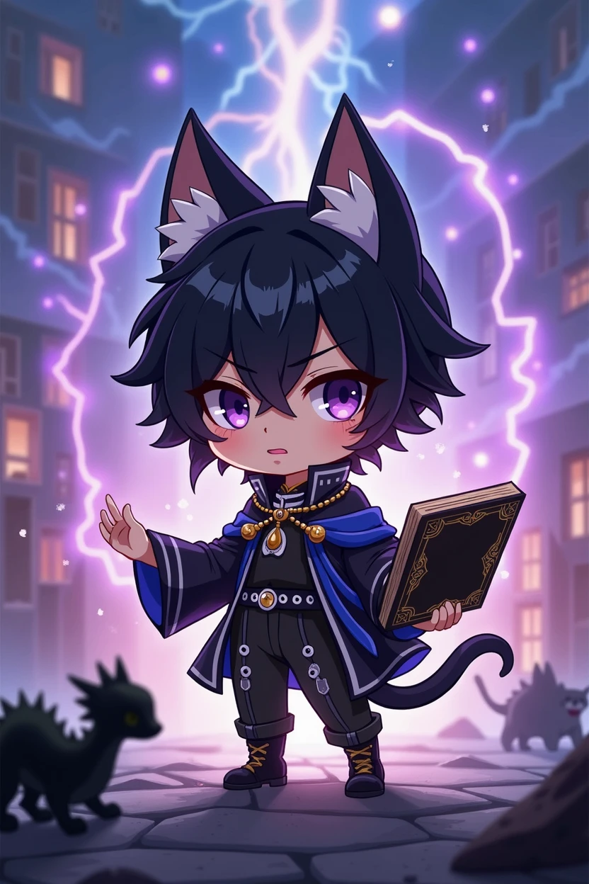 Anime figure of a boy with cat ears, Anime moe art style, demon slayer rui fanart, chibi!!! Kitten, Chibi Anime Boy, black-haired wizard with white streaks and black open magic book with decorations in one hand, Anime-Chibi, anime Kitten, Mihoyo art style, advanced digital chibi art, chibi art, black and white clothes, Several magical circles in different colors fly around the boy, background destroyed city, more purple lightning and blue fire, small dragon in the foreground