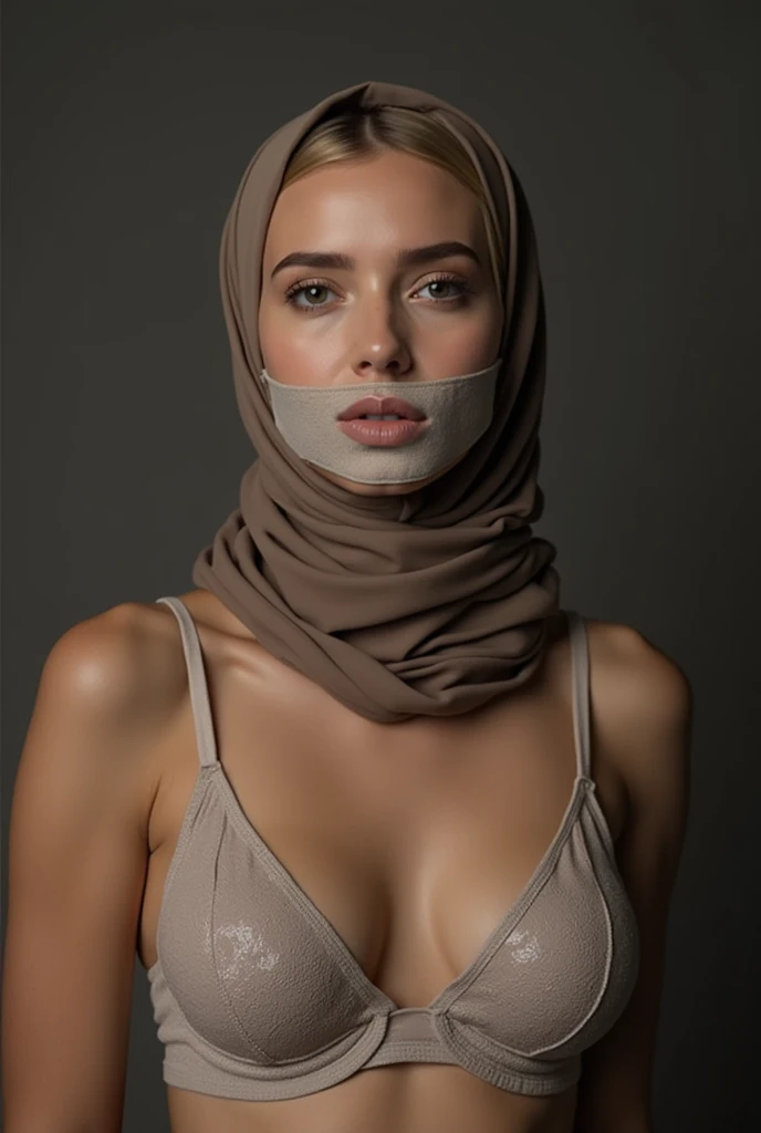 Hijab women mouth taped wearing bra