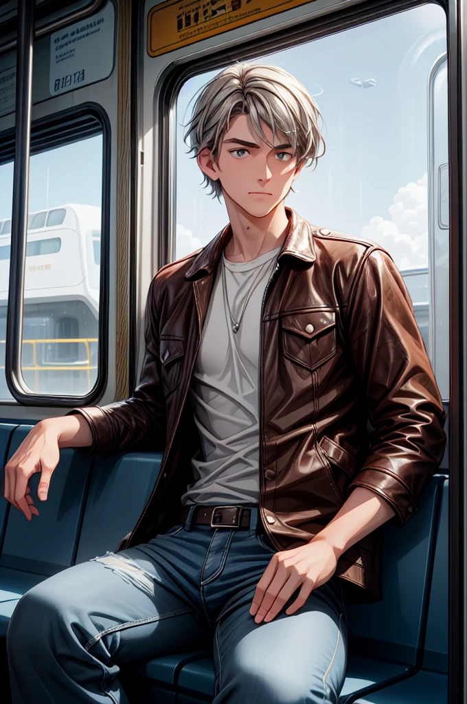 Editorial Photography of a strong herge style male ((25 year old)) ((no beard)) wearing brown leather jacket, white t-shirt, blue denim jeans sitting in front of a train window to space, looking at camera, back to viewer, realistic skin, Photojournalism, retrofuturism, Kodak Ektar, Depth of Field, F/1.8, 4k, volumetric, vignette, very short wavy grey hair