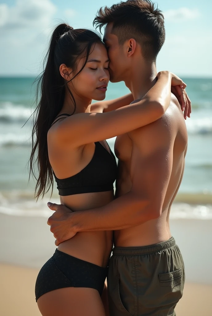 Girl in bikini kissing a boy passionately 