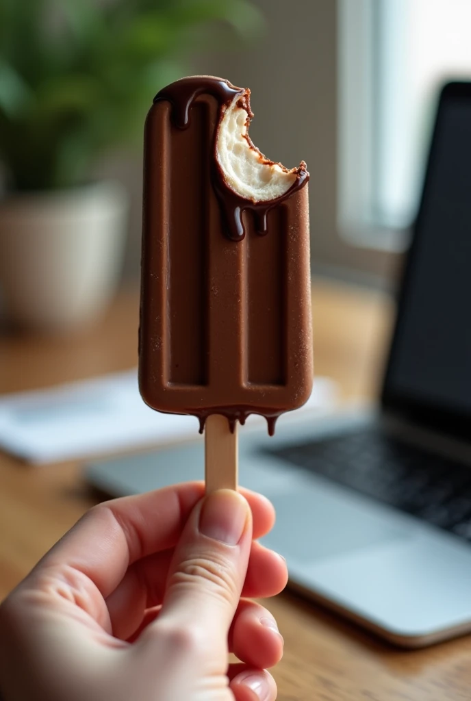 Just the hand of a young man, holding the stick of a chocolate ice cream popsicle, already bitten and dripping, with the background of a desk, y un laptop