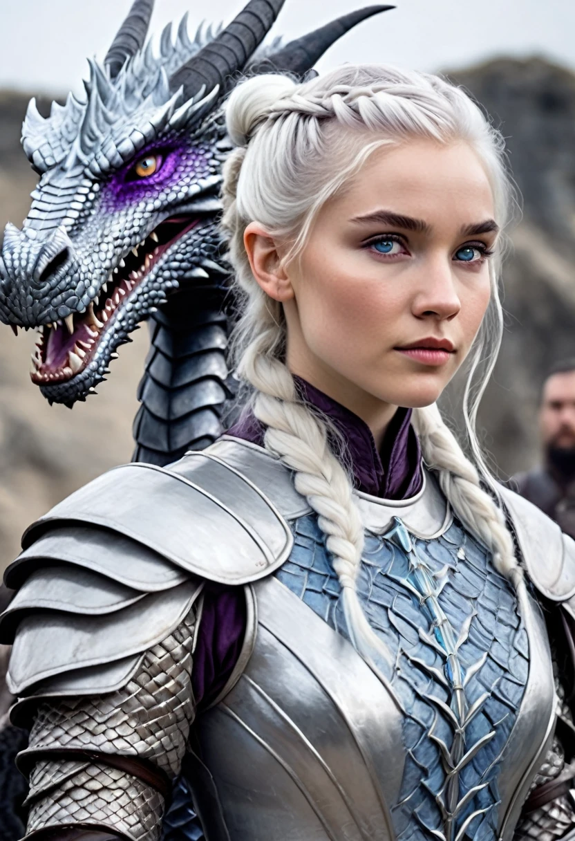 (Masterpiece artwork, 8K, uhd, high resolution: 1.4), iconic portrait of Visenya Targaryen, (silver-gold hair braided and tied with rings: 1.3), (piercing violet eyes: 1.3), (austere and voluptuous beauty: 1.2), (dressed in elegant silk or imposing armor: 1.2), (wielding the Valyrian Steel sword, black sister: 1.3), (mounted on her black dragon with shining scales: 1.2), (King&#39;s Landing scenery in the background, with tall towers visible: 1.1), (atmosphere of determination and mystery: 1.3), realistic and intricate details, (fantasy and story elements: 1.2), (heroic and powerful perspective: 1.3)