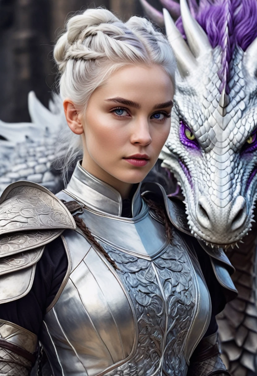 Targaryen woman, stunning beauty, gentle face. Silver hair braided and gathered into a bun, White skin, violet eyes, age 17 dressed in silver armor, with hairy fur coat, riding a great whitish dragon, with details in a pale blue,
game of thrones painting style