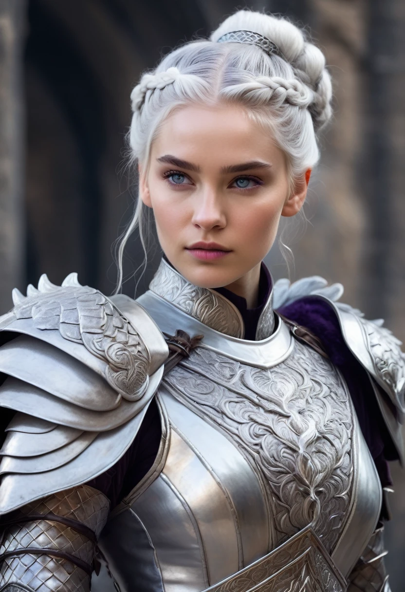 Targaryen woman, stunning beauty, gentle face. Silver hair braided and gathered into a bun, White skin, violet eyes,  dressed in silver armor, with hairy fur coat, riding a great whitish dragon, with details in a pale blue, 
game of thrones painting style 