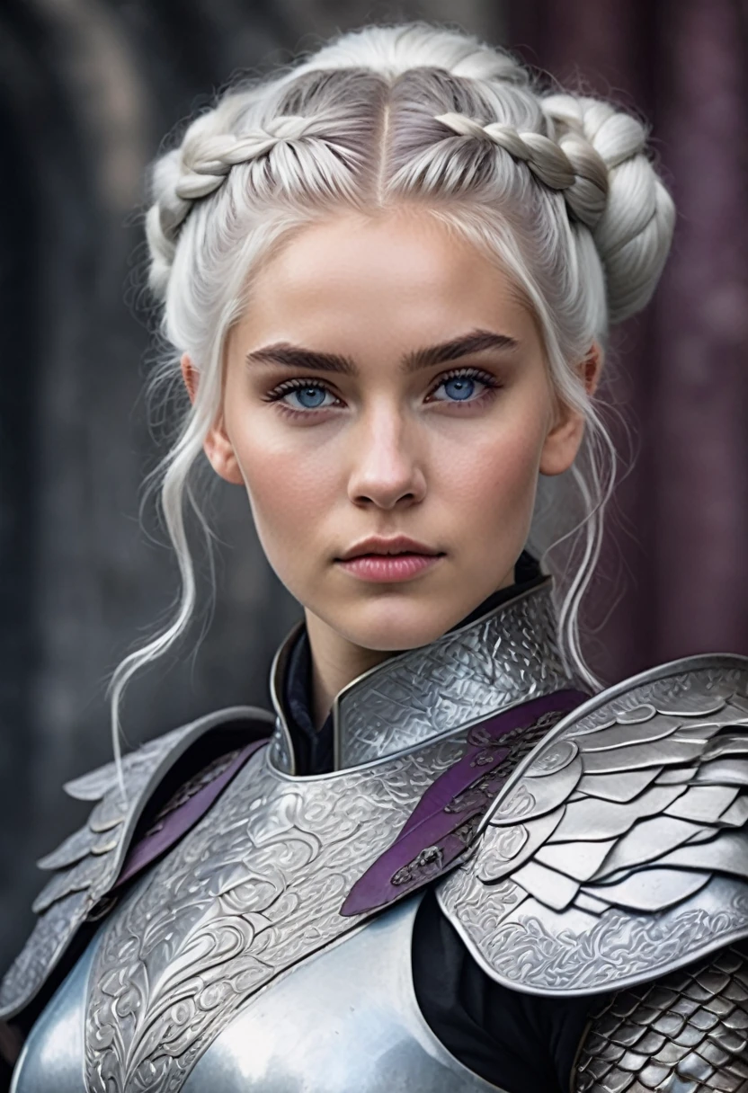 Targaryen woman, stunning beauty, gentle face. Silver hair braided and gathered into a bun, White skin, violet eyes, age 17 dressed in silver armor, with hairy fur coat, riding a great whitish dragon, with details in a pale blue,
game of thrones painting style
