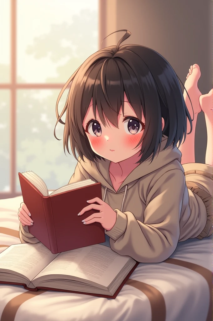 Anime girl with glasses lying on a bed reading a book with a red face and wearing a big sweatshirt and a short skirt with messy hair 