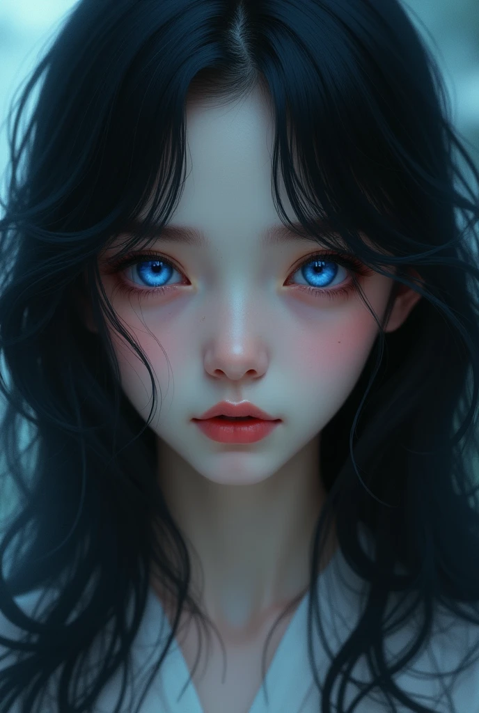 Girl with long wavy black hair, blue eyes