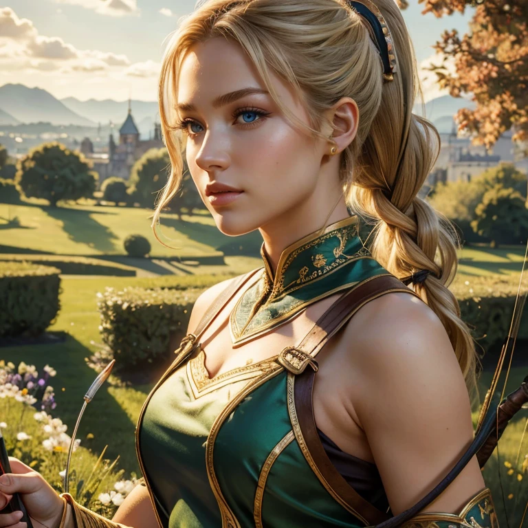 (​masterpiece, best quality:1.5), highest quality, High resolution, super detailed, Realists, Upper body photo of a blonde archer, detailed and beautiful eyes, beautiful detailed lips, very detailed eyes and face, longeyelashes, Archer in shiny satin dress, Simple details in the fabric. Beautiful and colorful makeup, ponytail hairstyle, Gardens as background, bright daylight, bright colors, fine brushstrokes, Portrait style, beautiful color palette, glowing skin, First-class rendering, that captures every detail, enchanting atmosphere, (perfect anatomy:1.2), (The stunning archer holds a bow.  (magnificent panorama view:1.2)