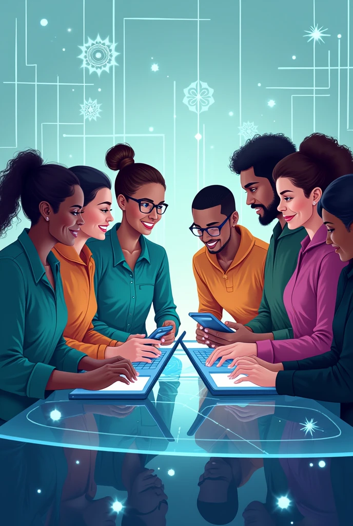A detailed illustration of a diverse and inclusive team of people from various backgrounds and ethnicities working together in a modern, high-tech environment. The team is connected by digital devices like tablets and laptops, symbolizing collaboration. Dynamic lines of light or energy flow between the team members, representing the exchange of ideas and innovation. The background is a futuristic setting with subtle elements like holograms, digital interfaces, and geometric patterns that suggest technology and progress. The overall style is clean, with vibrant colors such as blues, greens, and purples, creating a modern and energetic atmosphere.