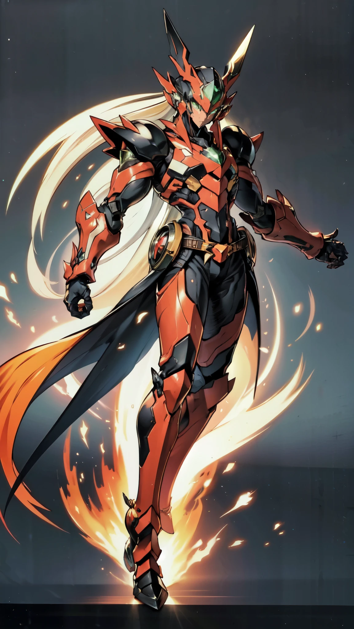 (masterpiece:1.5, best quality:1.5, extremely delicate:1.5, superhero pose:1.5), a man wearing a full-face helmet, a fantasy-style biotech armored combat suit, green eyes, (a composite layered chest armor), fully enclosed shoulder guards, matching arm and leg guards, belt of Neon circuit, (the color scheme is primarily black with green and red accents), the design balances heavy with agility, a high-tech bio-mecha armor, (Armor Concept Inspired by Bat stand on the top of a skyscraper in a futuristic sci-fi city), this character embodies a finely crafted fantasy-surreal style armored hero in anime style, exquisite and mature manga art style, (element, plasma, energy, the armor glows), ((male:1.5)), metallic, high definition, highres, ultra-detailed, ultra-fine painting, professional, perfect body proportions, golden ratio, anatomically correct, symmetrical face, extremely detailed eyes and face, high quality eyes, creativity, RAW photo, UHD, 32k, Natural light, cinematic lighting, masterpiece-anatomy-perfect
