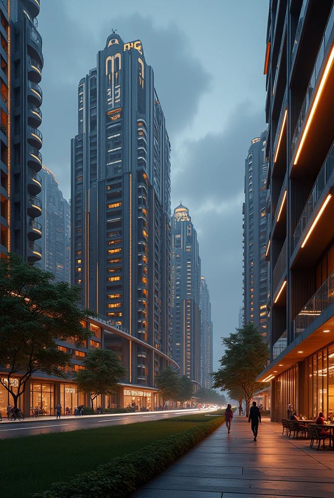 art deco design，urban buildings，streamline moderne，futuristic architecture, Abstraction，modern style，Luxury and Luxury，Future night view，Futuristic decorative elements，Metallic，number line，sci-fi lamp，Virtual Engine，Unreal rendering, neon lights, apartments, restaurants, mixed use, multiple buildings, trees, parks, greenery, grass, green field, pedestrians, people, bike lanes, decopunk city