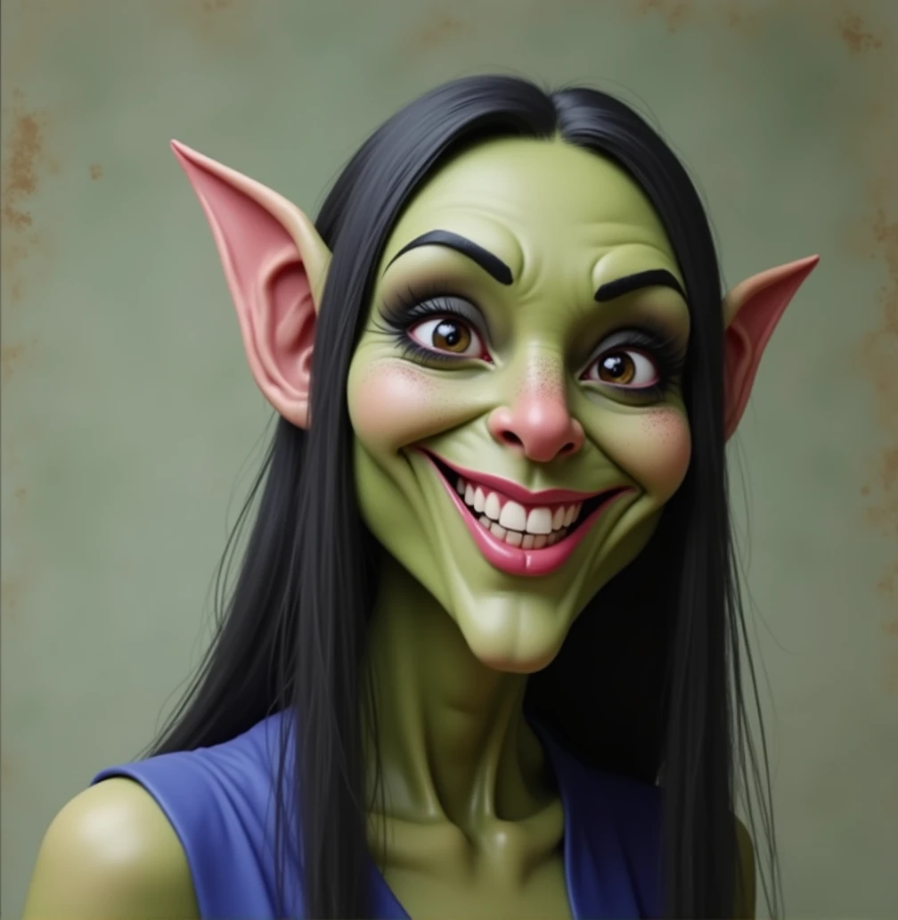 Goblin Woman with big forehead and big long nose, one eyebrow raised, very big smile, mouth closed, blue dress, long straight hair, black eye makeup, green skin tone, hd, realistic