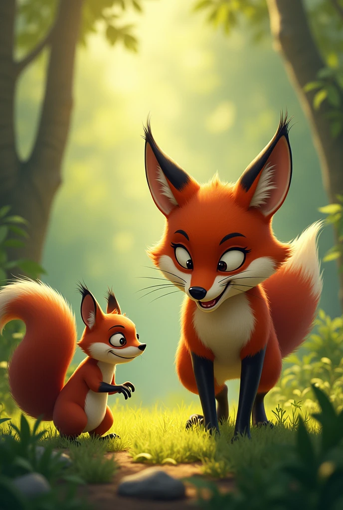 A fox approaching a squirrel who is standing with a surprised expression while the fox with a manipulative smile