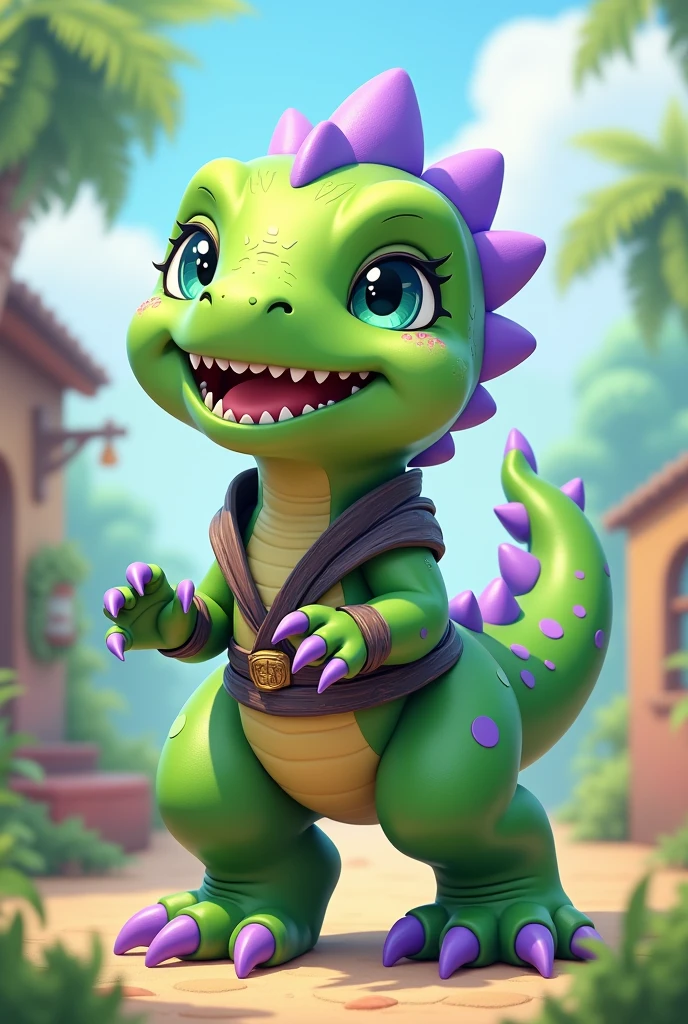 Naughty smiling FEMALE dinosaur wearing cute kawaii apple green NINJA outfit with purple CRESTS purple CLAWS and lilac SPOTS with blue-green eyes WITH BIG legs like yoshii and cute environment background