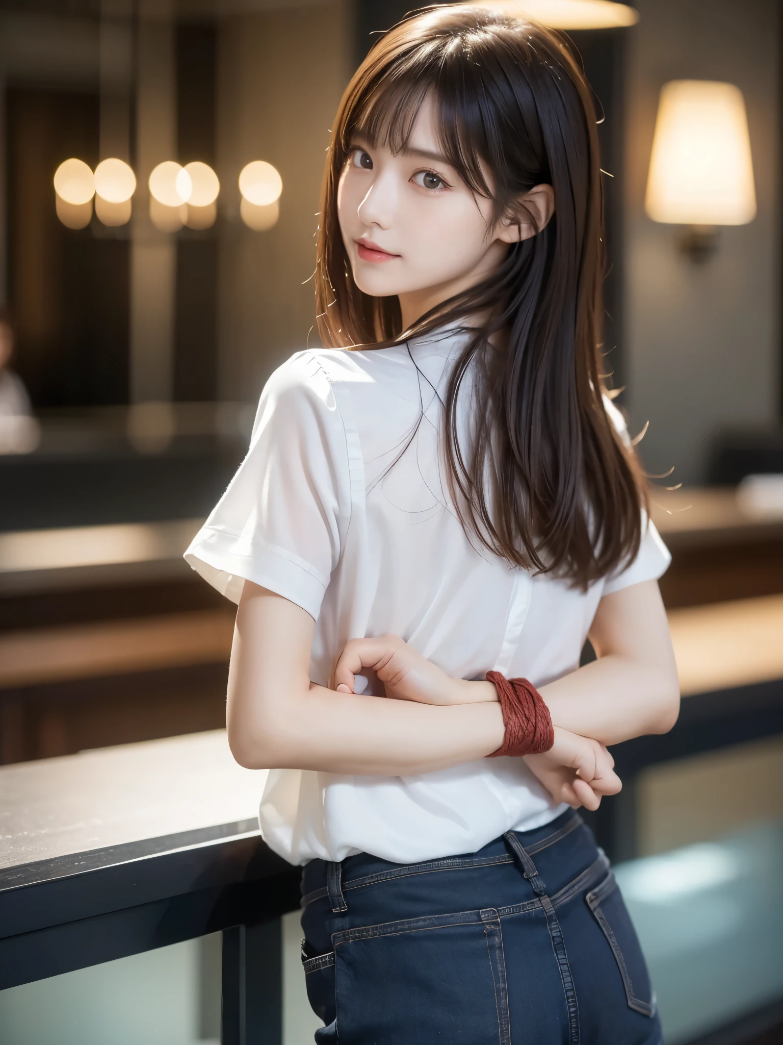 woman、her hands are tied、((put your hands behind your back))、((Place your hands together and cross them behind your back))、(((Her wrists are tied with rope)))、shibari、Beauty、20Year、university student、(anatomicaly, Has two arms and two hands)、In a lighted hotel room、Standing by the window、Outside the window is the night sky、There are many stars、Wearing a short-sleeved blouse、Wear a high school student-style miniskirt、Uniform eyes、Proportional ratio、Small breasts、Small face、(I can see from head to heel), Black Hair, bangs, swept bangs, Straight hair, Nervous, Messy Hair, Floating hair, Cinema Lighting, tachi-e, First-person view, throw, From behind, F/1.2, Nikon, Surrealism, 超High resolution, Highest quality, High resolution, 8k, Textured skin, anatomicaly正しい体,