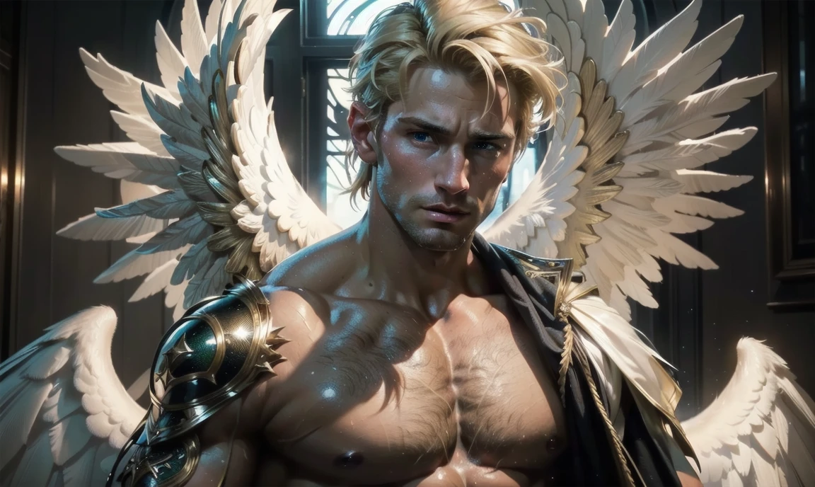 [((highly detailed, detailed eyes, detailed face, clear and realistic facial features, photorealistic, realistic light, cinematic, chest-up shot)), (1 man), (((((Gorgeous perfect sexy powerful masculine male angel))))), (((one pair of large wings))), ((faint halo)), ((short blond hair, green eyes)), ((35 years old)), ((wearing flattering angelic clothes)), (((aura of divine power))), standing in a cozy apartment at nighttime, ((light blush)), (((wearing an indignant expression)))]