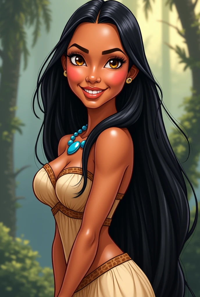 Una caricatura de una mujer con un vestido marron-blanco y cabello largo y negro y de ojos naranja-verde fusionado., Pocahontas, portrait of Pocahontas, portrait of a young Pocahontas, estilo artístico de disney, arte conceptual de disney, arte al estilo de disney, princesa &#39;kida&#39; kidadagash, hermosas fotos de avatar, estilo de personaje de disney, hermosa pintura de personajes, Lalisa Manoban de Blackpink,(beautiful makeup :1.2), Wide hips, big, big ass, (best quality, 8K, masterpiece: 1.3), Clear focus: 1.2, Perfect body beauty: 1.4, strong abs, Very detailed face and skin texture. , detailed eyes, double eyelids, (long hair), having very marked curves, with greater volume in ((hips and breasts)), which makes the waist look much smaller ((wasp waist)).