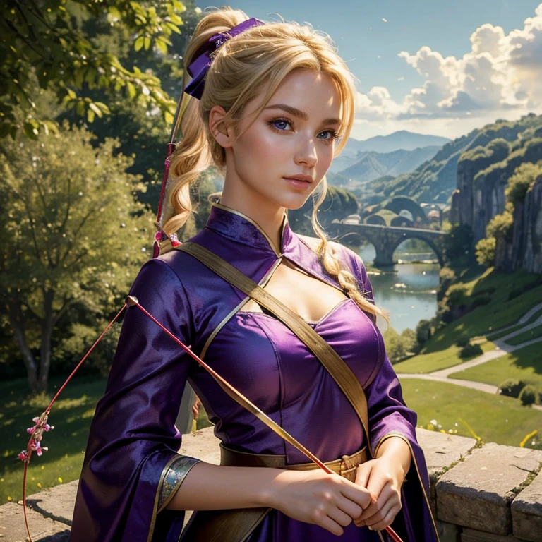 (​masterpiece, best quality:1.5), highest quality, High resolution, super detailed, Realists, Upper body photo of a blonde archer, detailed and beautiful eyes, beautiful detailed lips, very detailed eyes and face, longeyelashes, Archer in shiny purple satin dress, Simple details in the fabric. Beautiful and colorful makeup, ponytail hairstyle, Gardens as background, bright daylight, bright colors, fine brushstrokes, Portrait style, beautiful color palette, glowing skin, First-class rendering, that captures every detail, enchanting atmosphere, (perfect ???????:1.2), (The stunning archer holds a bow.  (magnificent panorama view:1.2)