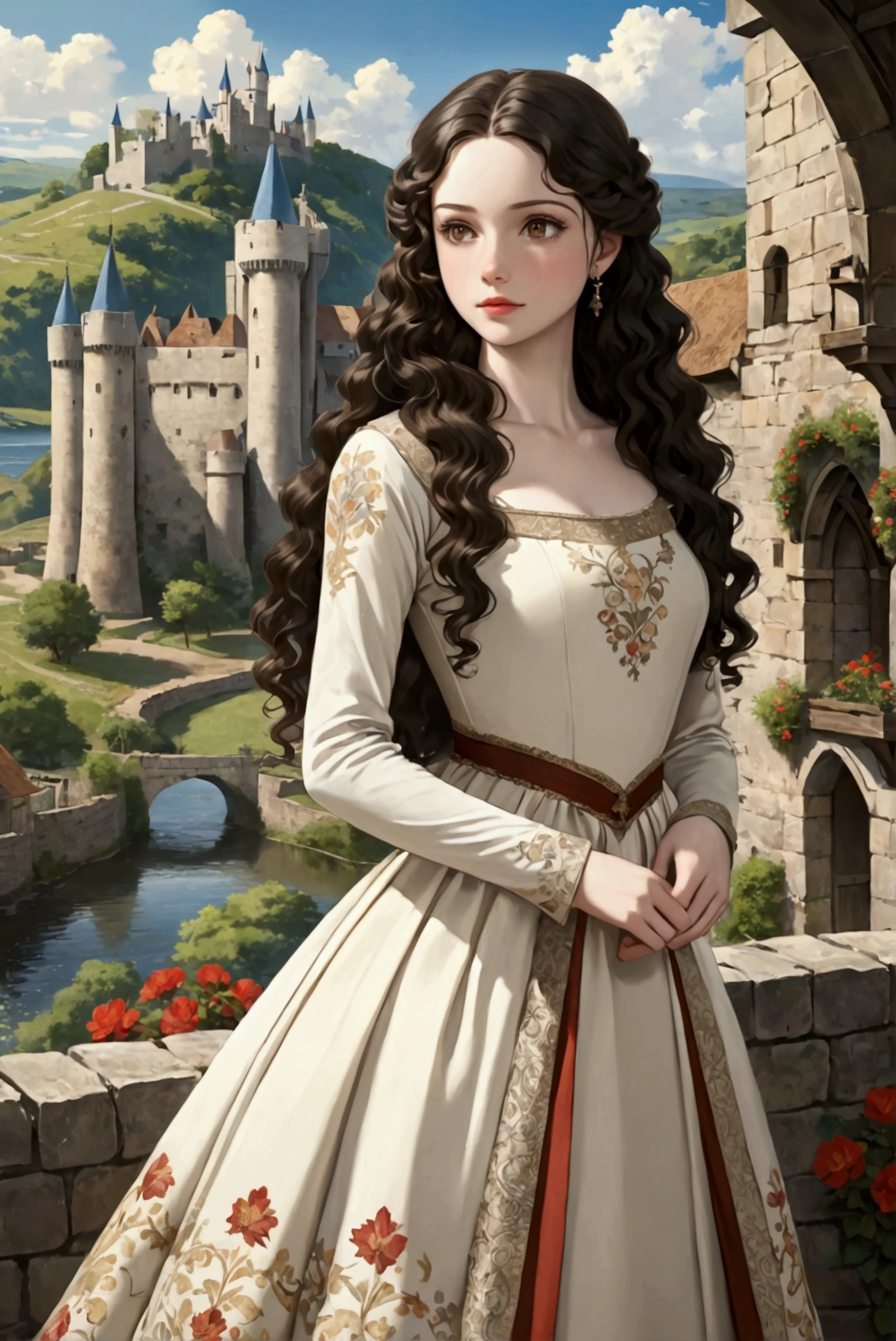 1 girl, Retailer, perfect model, beauty, black hair, long curly hair, Brown eyes, anime, realist, Pale skin, Brown eyes claros, European queen dress, castillo, majestic scenery, medieval.