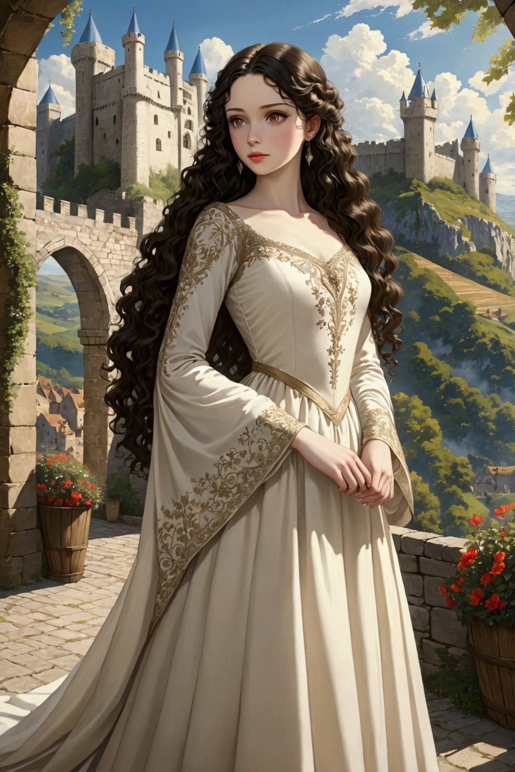 1 girl, Retailer, perfect model, beauty, black hair, long curly hair, Brown eyes, anime, realist, Pale skin, Brown eyes claros, European queen dress, castillo, majestic scenery, medieval.