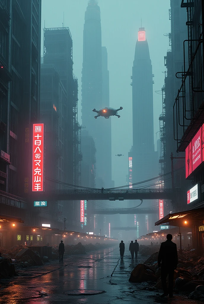 CyberCity Vertion Dark Fantasy of Blade Runner 2049, Panoramic view of City, NeoPunk, CyberPunk, Distopic City, Distopic View, Skine Line, Buildings, spinner vehicule, rain, ligths, smoke, nigth, realism, hiper realism, photo realism, perfection, master piece, beautiful view, mist, hologram, advertising, merkating, human, people, 8k, 4k. Sciencie fiction, architecture, android, robot, neon ligth, trash, garbage, metropolis, river, gate, bridge, sheap, higthtech, future, industrial, steel, war, army, weapon, distopic society, freeway, machine.