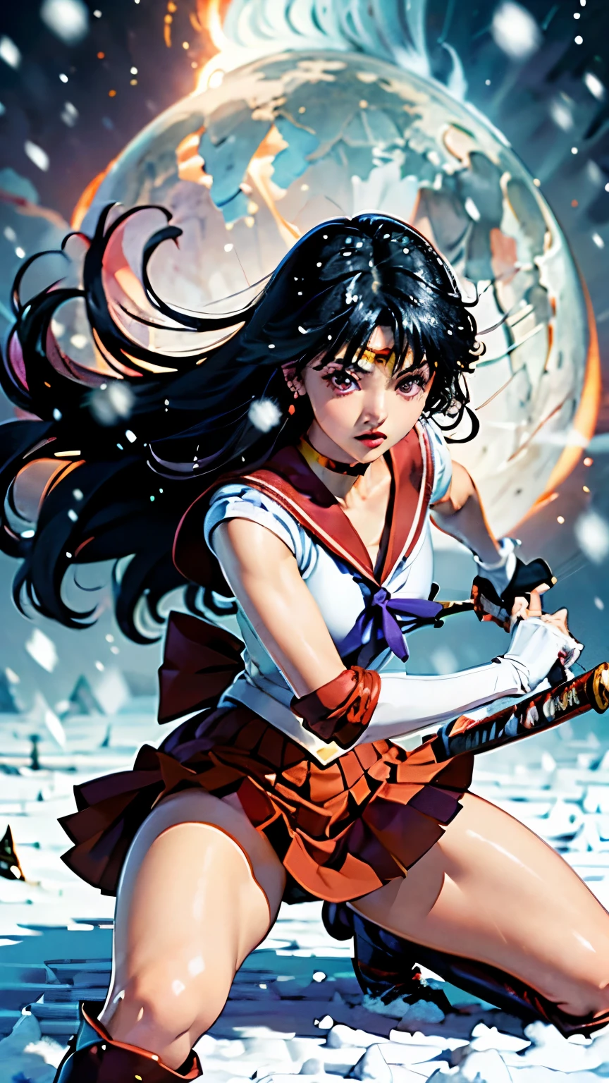 masterpiece、high quality、High resolution、Realistic、professional lighting、Japanese、woman、cute、young、White skin、Toned、muscle、Long legs、Sailor Mars、rei hino、Long black hair, Red inner color、Parted bangs, Purple eyes, Sailor Warrior Uniforms, Star Choker, Red sailor color, Purple ribbon on chest, White leotard, Red pleated skirt, mini skirt, Red knee-high boots, White elbow gloves, assassin、japanese sword、battoujutsu stance,weapon、Combat Ready、Stand with your legs spread、Sit down、Spread your legs、Serious、(((snowy)))、(((snowing)))、whole body、Anatomically correct