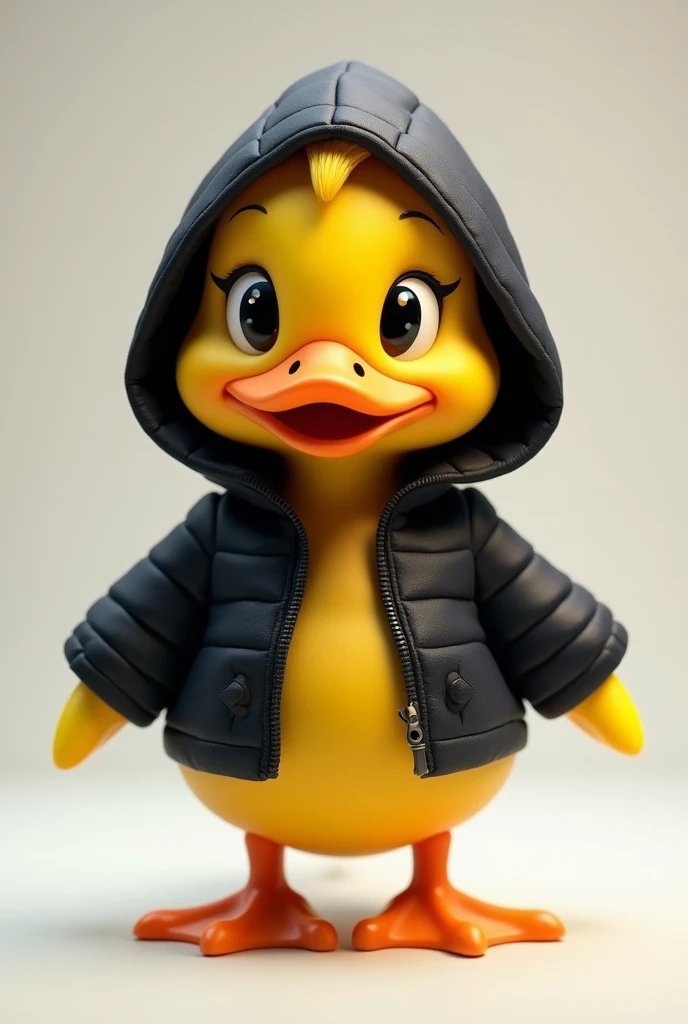 The duck has bright yellow plumage., but instead of its usual plumage, He is wearing a black hooded jacket that fits him very well.. The hood covers his head and neck., giving it a very cool and modern look. The duck's eyes sparkle with curiosity, and its wings are ready to unfold at any moment.